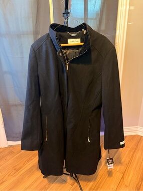 Calvin Klein Black Wool-Blend Stand Collar Coat with Zip Pockets